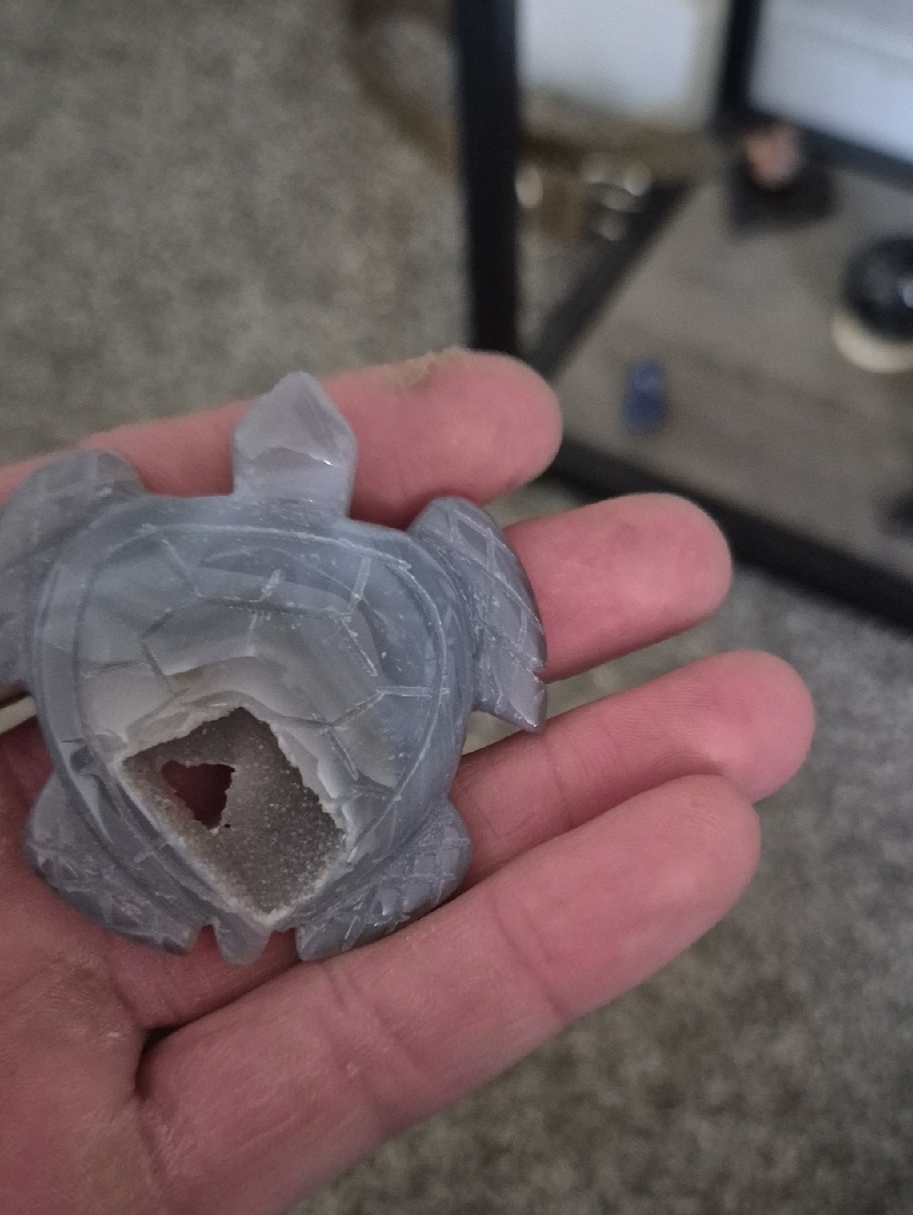 Hand Carved Agate Turtle Geode Sculpture - Gray
